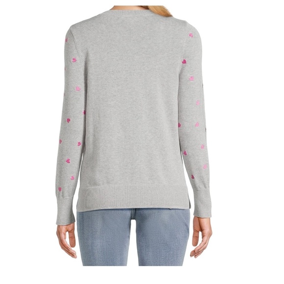 Time and Tru Heart Print Crew Neck Sweater Women’s light Grey Heather Size 4-6 - Picture 2 of 6
